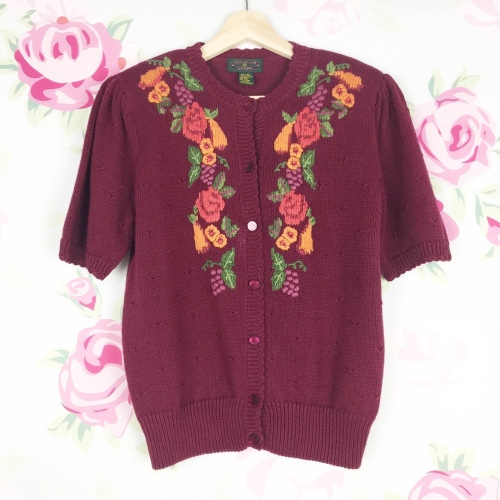 Charter Club Vintage Embroidered Floral Button Knit Top M